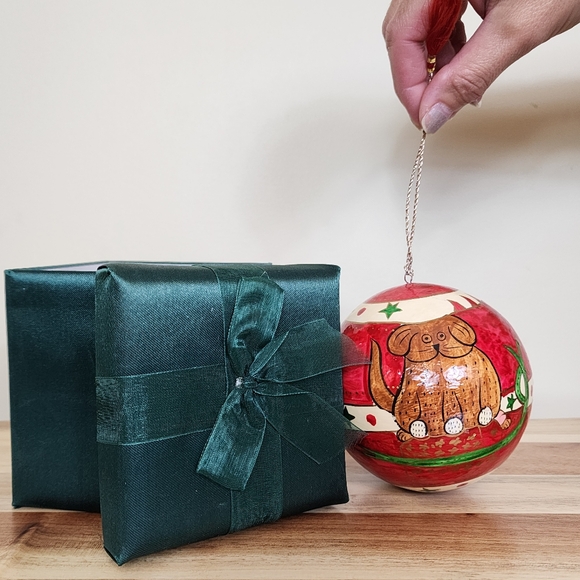 Hand Painted Paper Mache (?) Christmas Dog Ball Ornament with Box - Picture 2 of 3